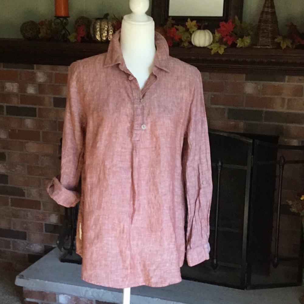 Sigrid‎ Olsen Linen Boho Popover Blouse Pink Rust Vneck Beachy Size M
